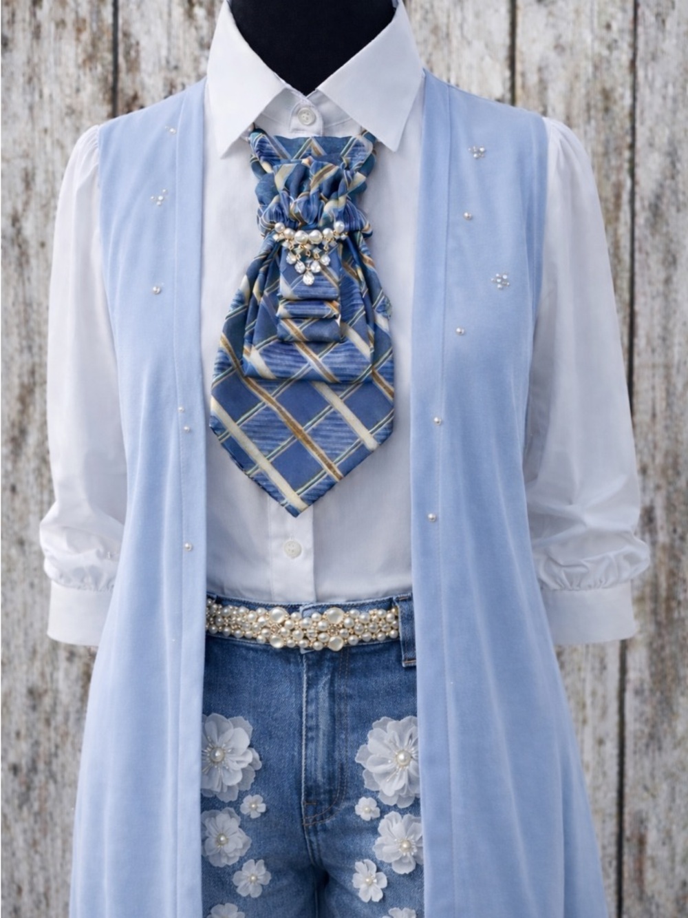 OOAK Necktie Necklace with Rhinestone/Pearl Brooch and Pearl Necklace -blues